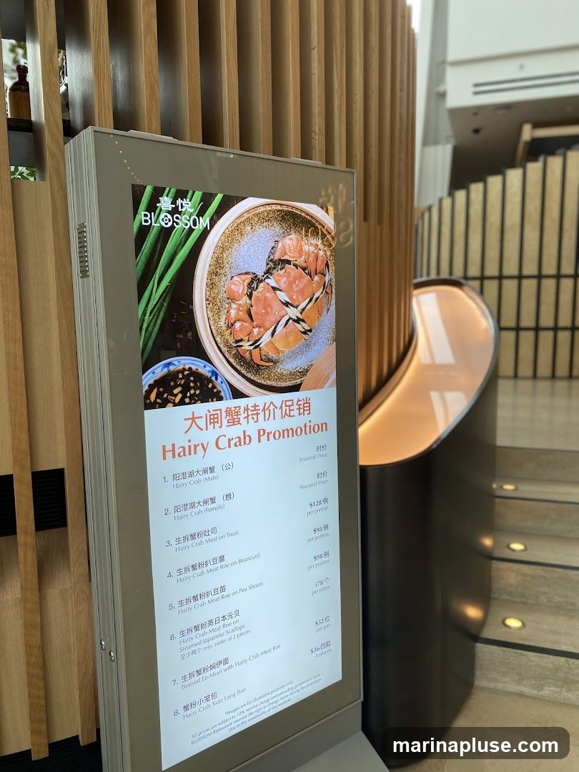 A digital menu board displaying a promotion for Hairy Crab dishes.