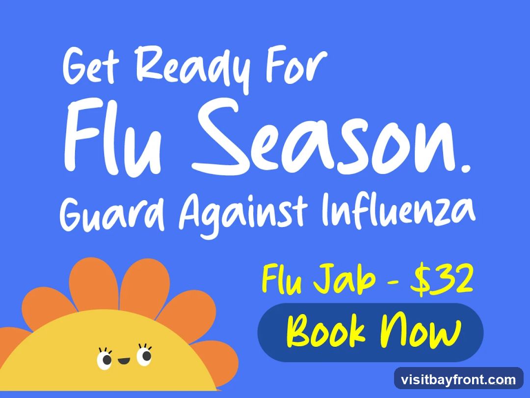 A blue background with white text that reads "Get Ready For Flu Season. Guard Against Influenza". In the bottom left is a cartoon sun with orange petals. In the bottom right, yellow text reads "Flu Jab - $32" and below that, a blue button with yellow text reads "Book Now". Small text at the bottom right reads "Incl of GST".