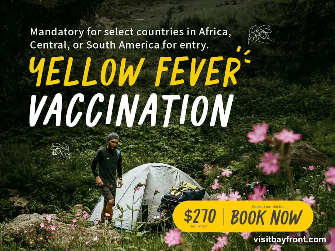 An advertisement for Yellow Fever vaccination, stating it is mandatory for select countries in Africa, Central, or South America. The ad features a man camping in a natural setting with a tent and backpack. A price of $270 (incl. of GST) is displayed with a call to action to 'BOOK NOW' and 'Consult our doctor.'