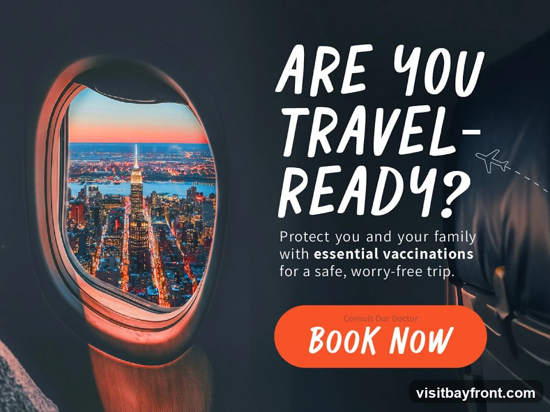An advertisement encouraging people to get vaccinated before traveling. The image shows a view of a city skyline from an airplane window. Text reads: 'ARE YOU TRAVEL-READY? Protect you and your family with essential vaccinations for a safe, worry-free trip. Consult Our Doctor BOOK NOW'.