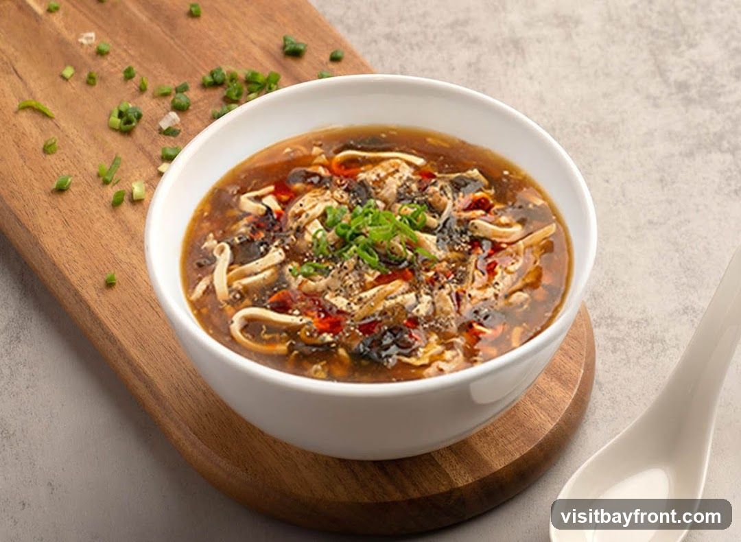 A white bowl filled with hot and sour soup, garnished with chopped green onions and chili flakes. The soup contains noodles, mushrooms, and shredded meat. The bowl is placed on a wooden board, with a white spoon to the right.