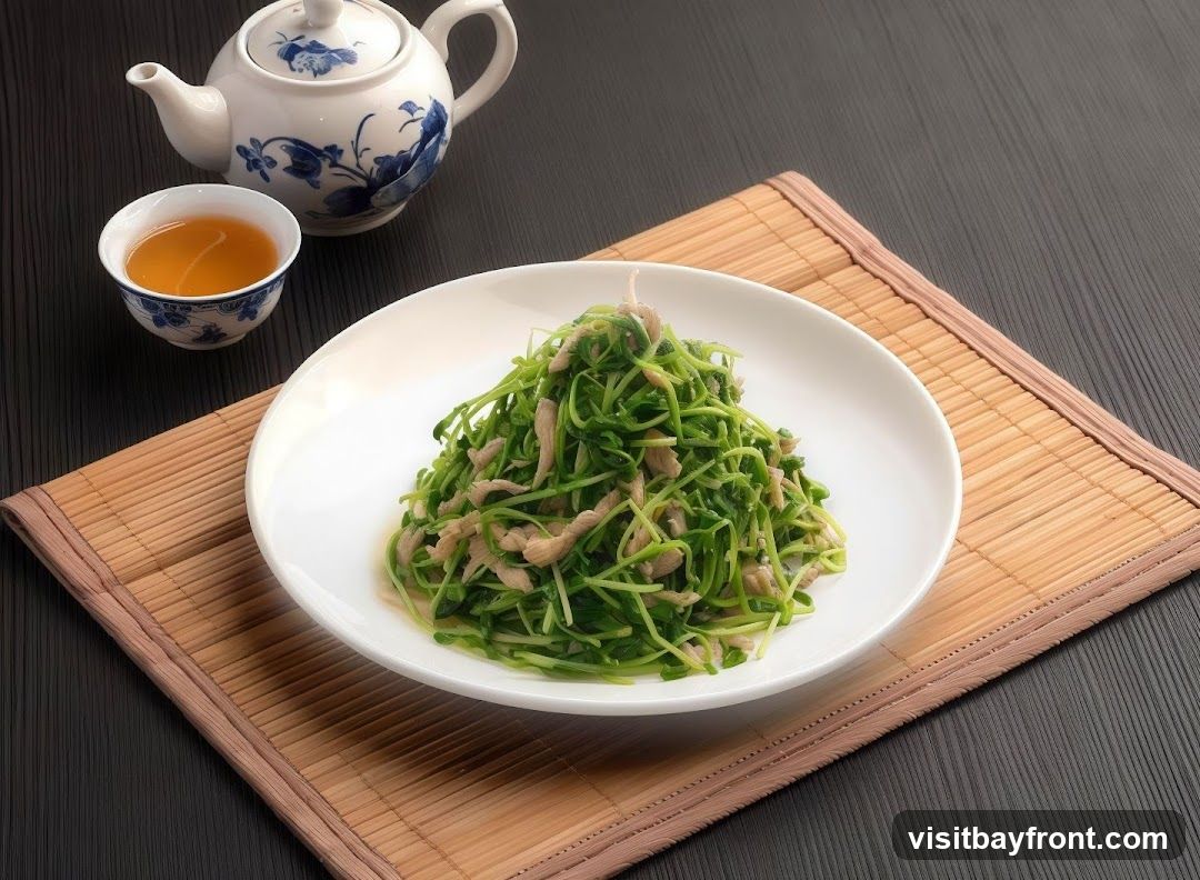 A white plate of stir-fried pea shoots with thinly sliced pork is presented on a bamboo placemat. A small teacup filled with amber liquid and a white teapot with blue floral accents are placed to the left of the plate. The dish is a vibrant green with visible strands of pork mixed throughout.