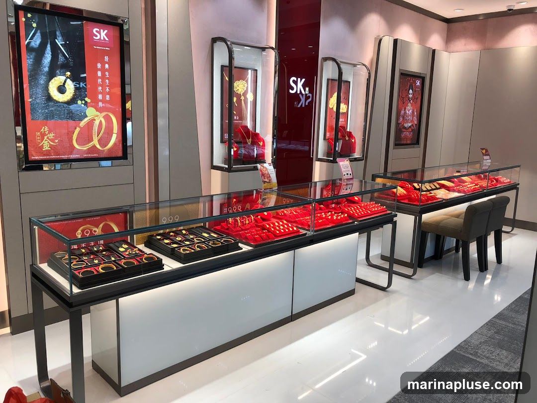 A well-lit jewelry store interior featuring display cases filled with gold jewelry. The displays are set against red velvet and showcase various items like necklaces, bracelets, and rings. Digital screens on the walls display advertisements for the brand 'SK' and feature images of jewelry. The overall ambiance is luxurious and modern.