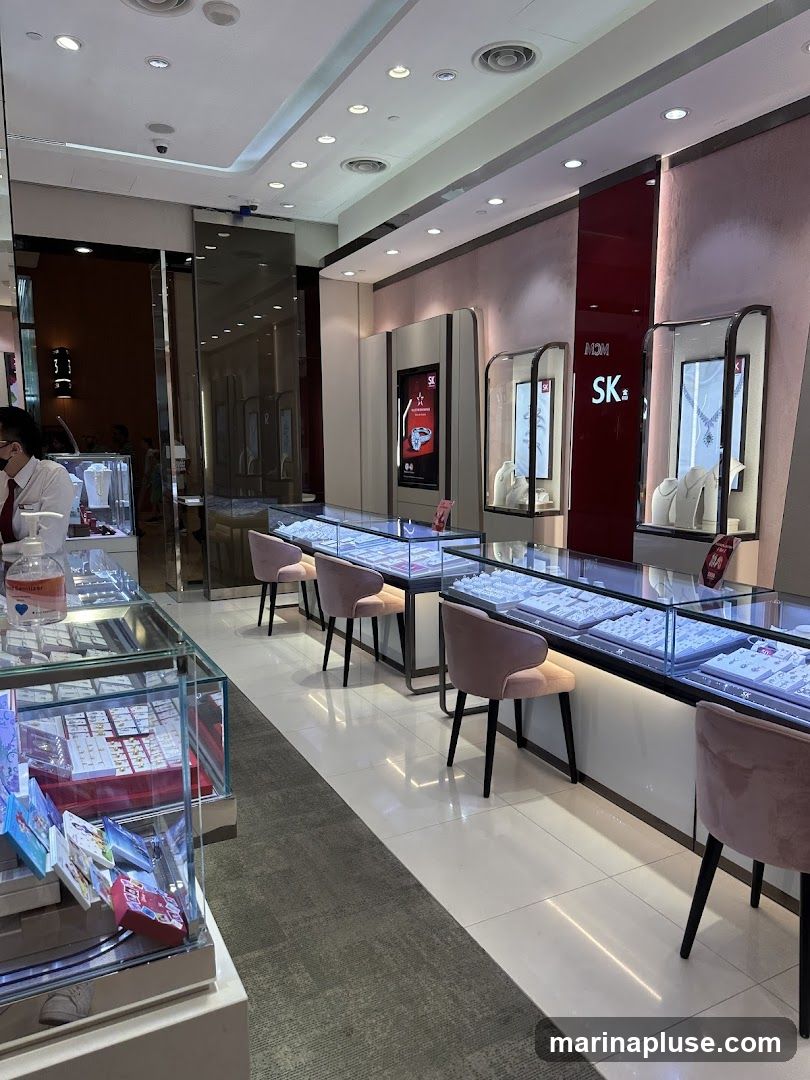 The interior of a jewelry store with display cases filled with jewelry. There are pink velvet chairs for customers. A sign with the logo "SK" is visible on the wall. A staff member in a white shirt and tie is visible in the background.