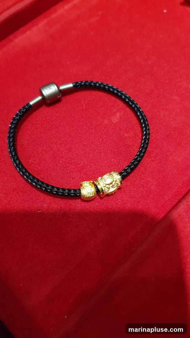 A black braided bracelet with two gold charms and a silver clasp. One charm is a small gold bead with Chinese characters, and the other is a larger gold charm shaped like a mythical creature. The clasp has the letters "SK" engraved on it. The bracelet is displayed on a red velvet surface.
