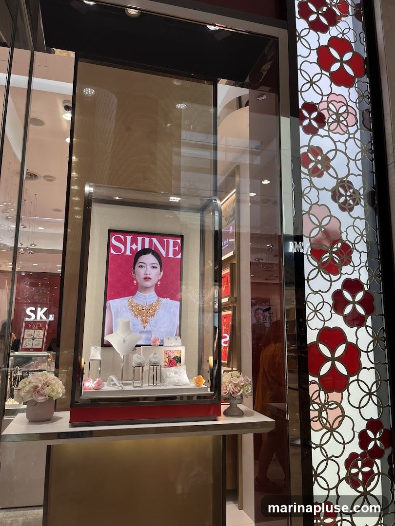 A display window for a jewelry store features a large advertisement with the word "SHINE" and a model wearing elaborate gold jewelry. Below the advertisement, a glass case showcases various necklaces, rings, and bracelets on white stands. The display is adorned with floral arrangements. To the left, a sign with "SK SALE" is visible. The window itself has decorative panels with a floral motif in red and white.