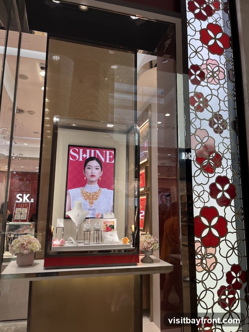 A display window for a jewelry store features a large advertisement with the word "SHINE" and a model wearing elaborate gold jewelry. Below the advertisement, a glass case showcases various necklaces, rings, and bracelets on white stands. The display is adorned with floral arrangements. To the left, a sign with "SK SALE" is visible. The window itself has decorative panels with a floral motif in red and white.
