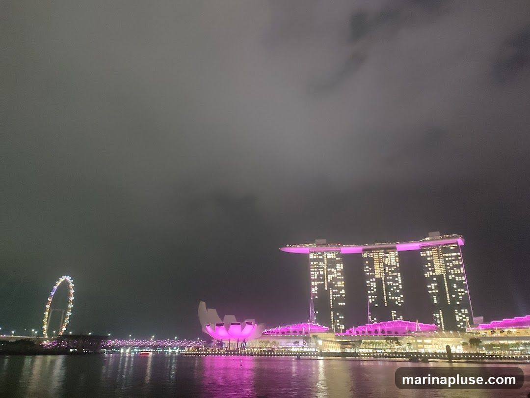 A nighttime view of the Marina Bay Sands complex in Singapore, with its iconic three towers illuminated and connected by a sky bridge. The ArtScience Museum, with its lotus-like structure, is also visible and lit in pink. The Singapore Flyer Ferris wheel can be seen in the distance on the left. The waterfront is illuminated with pink lights, reflecting on the water. The sky is dark and cloudy.