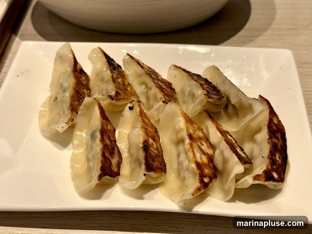 A plate of pan-fried dumplings, also known as gyoza, is presented on a white rectangular plate. The dumplings are arranged in a fan shape, with their pleated tops facing upwards and their browned, crispy bottoms visible. The filling is partially visible through the translucent dough. A blurred white bowl and chopsticks are visible in the background.