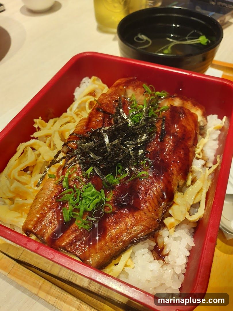 A close-up shot of a Japanese dish, likely Unagi Donburi, served in a red bento box. The dish consists of white rice topped with grilled eel glazed in a dark sauce, shredded egg omelet, and garnished with chopped green onions and shredded nori seaweed. A small bowl of clear soup with microgreens is visible in the background, along with a glass of beverage.