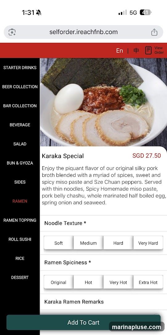 A ramen dish with silky pork broth, spices, sweet and spicy miso paste, Sze Chuan peppers, thin noodles, pork belly chashu, marinated egg, spring onion, and seaweed. Options for noodle texture and spiciness are available.