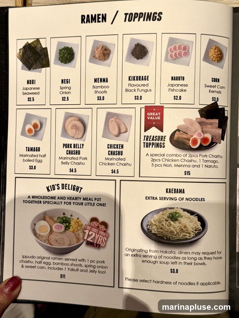 A menu featuring various ramen toppings and special meals.