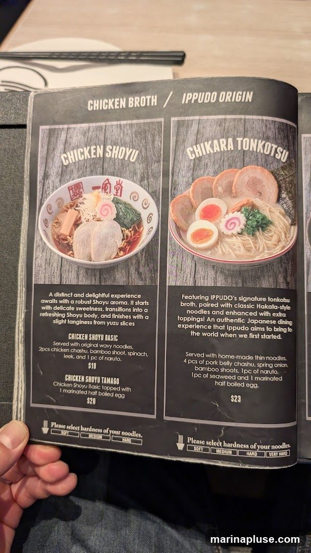 Menu featuring two ramen options: Chicken Shoyu and Chikara Tonkotsu. Includes descriptions, ingredients, and prices. Also offers noodle hardness selection.