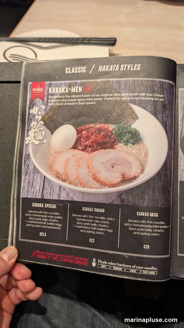 Classic Hakata Styles ramen with options for spiciness and noodle hardness.