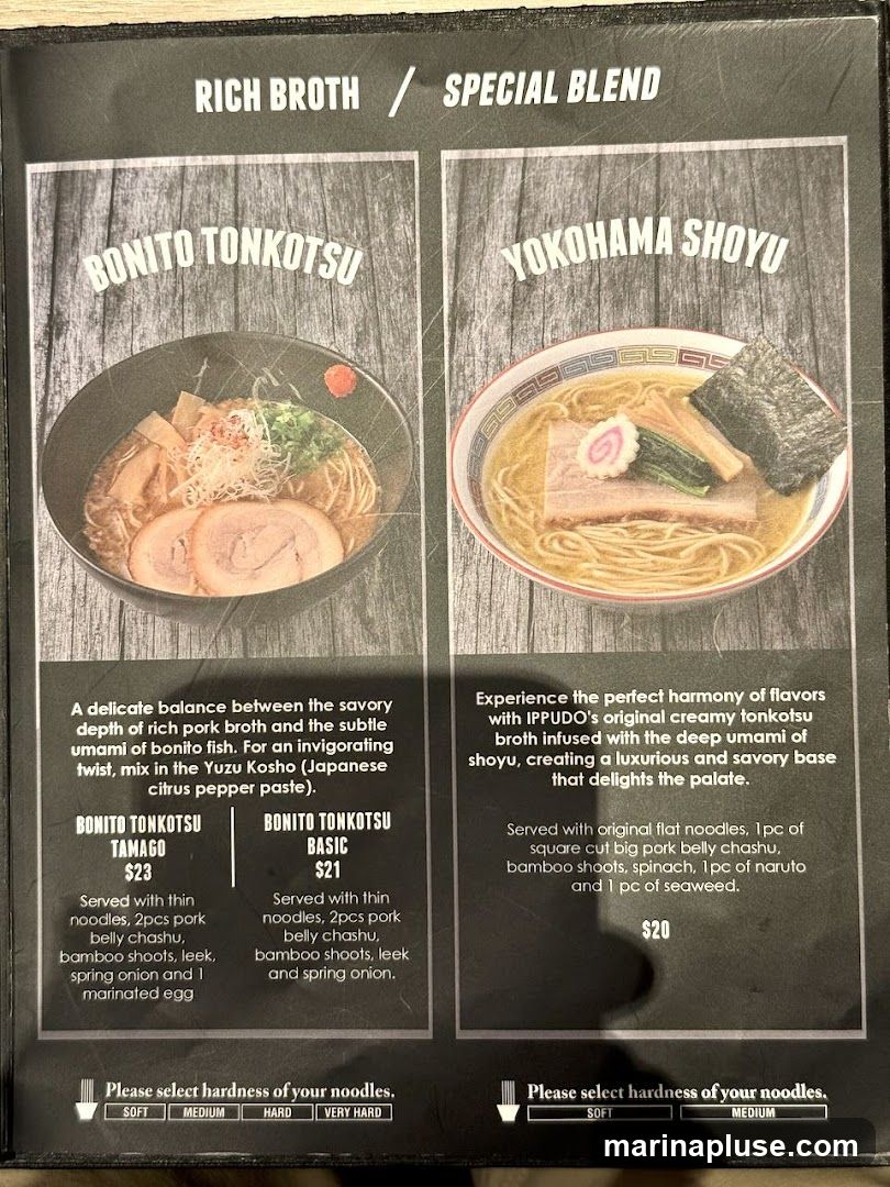 Two ramen options: Bonito Tonkotsu and Yokohama Shoyu. Each description includes ingredients and price. Customers can select noodle hardness.