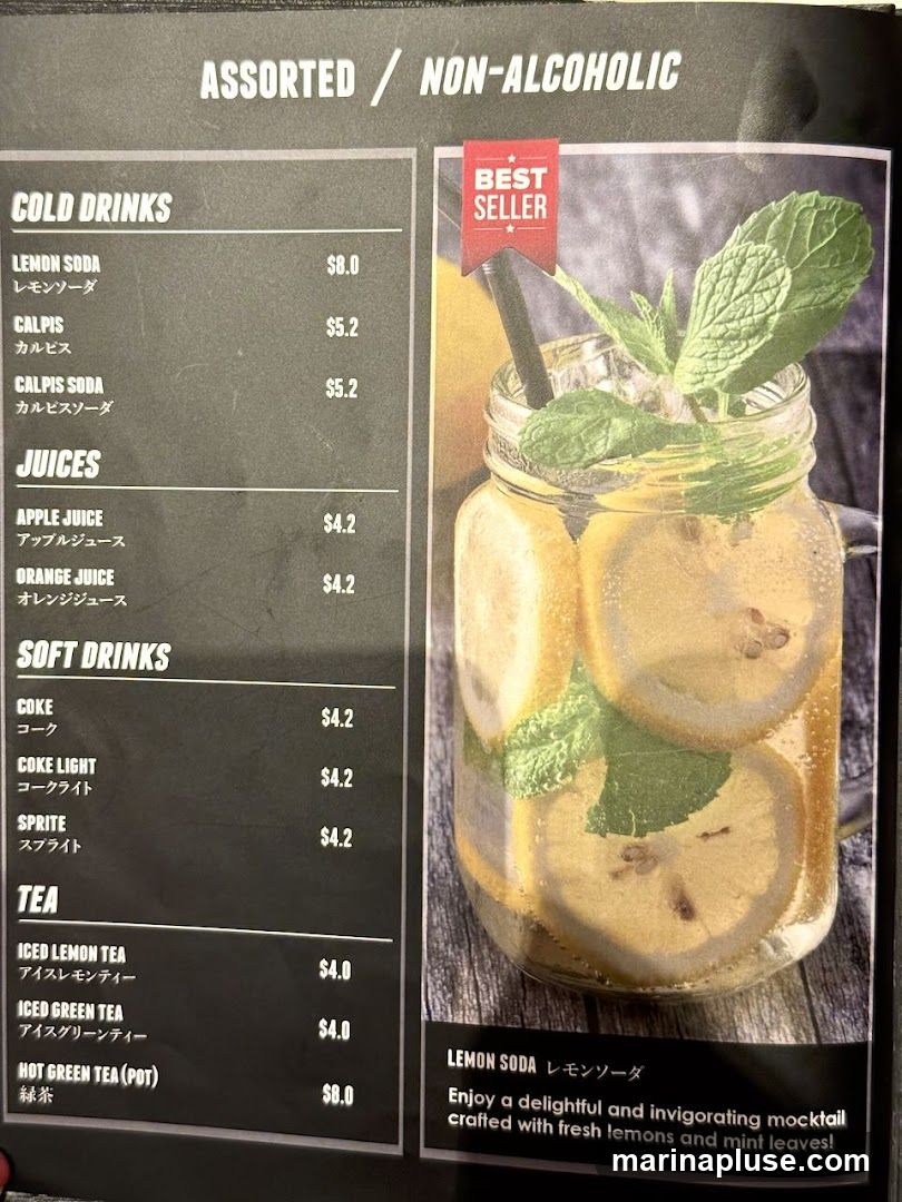 A menu section displaying assorted non-alcoholic beverages with prices. Includes a picture of a "Best Seller" Lemon Soda.