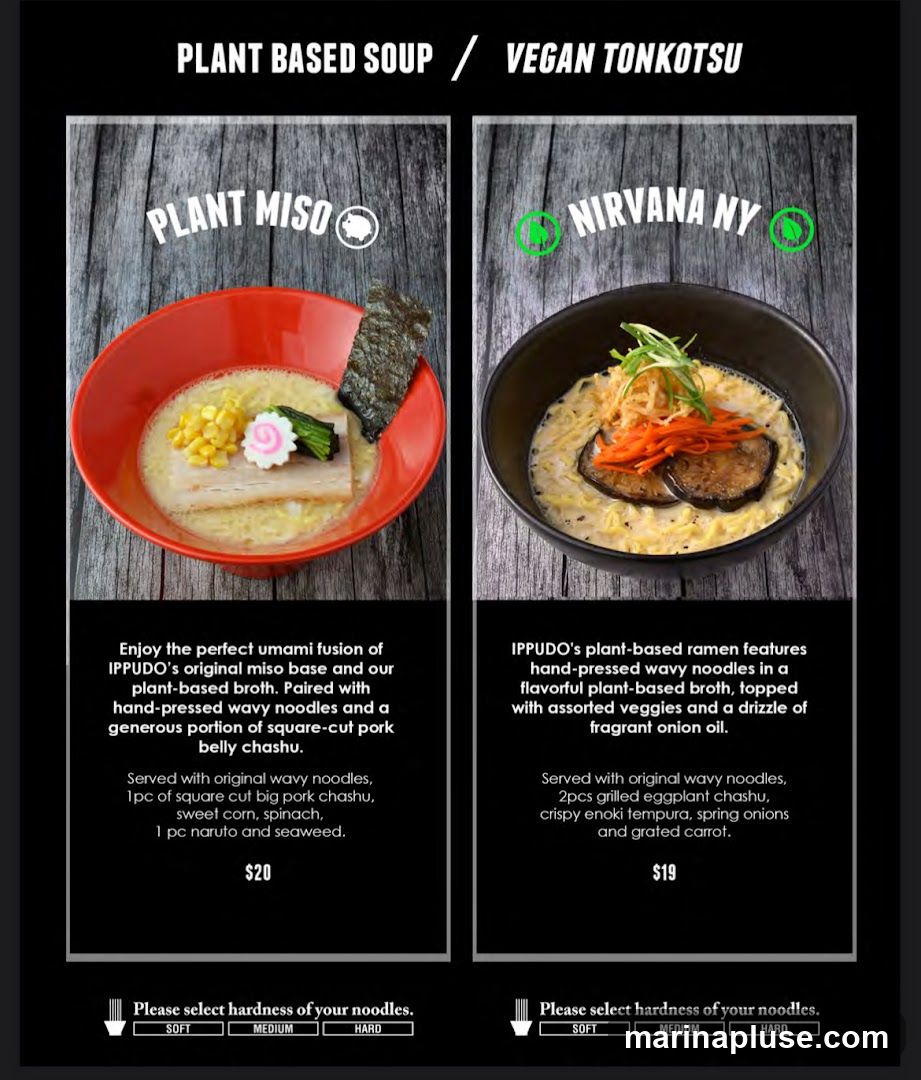 Two ramen options: Plant Miso and Nirvana NY. Each option includes a description of the ingredients and a price. Below each option, there is a selection for noodle hardness (Soft, Medium, Hard).