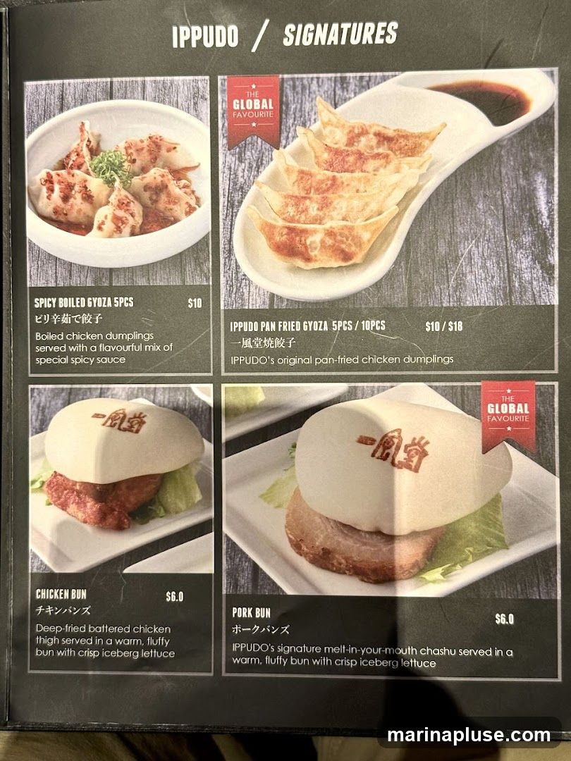 A menu featuring Ippudo's signature dishes, including various types of gyoza and buns.