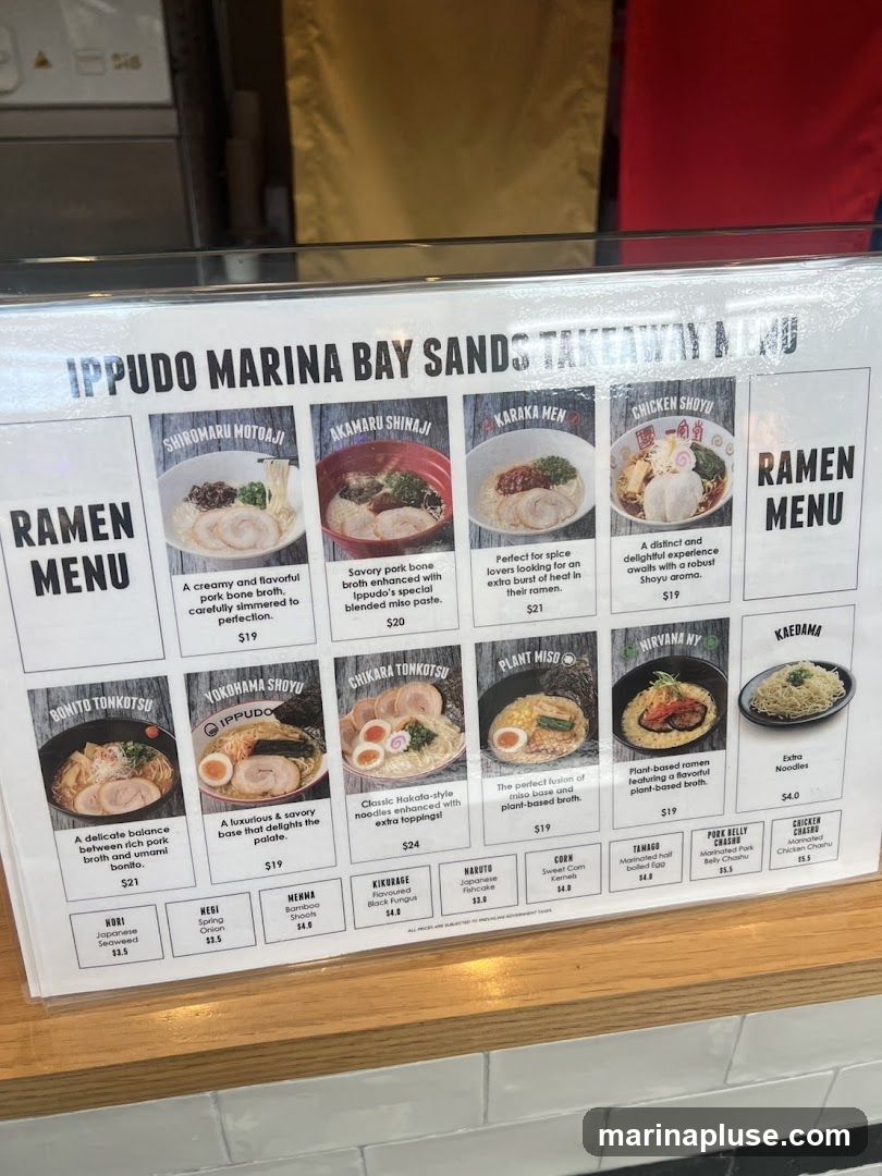 Ramen menu with various ramen dishes and additional toppings.