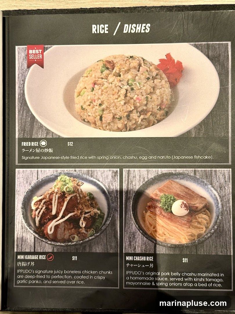 Menu section featuring rice dishes with descriptions and prices.