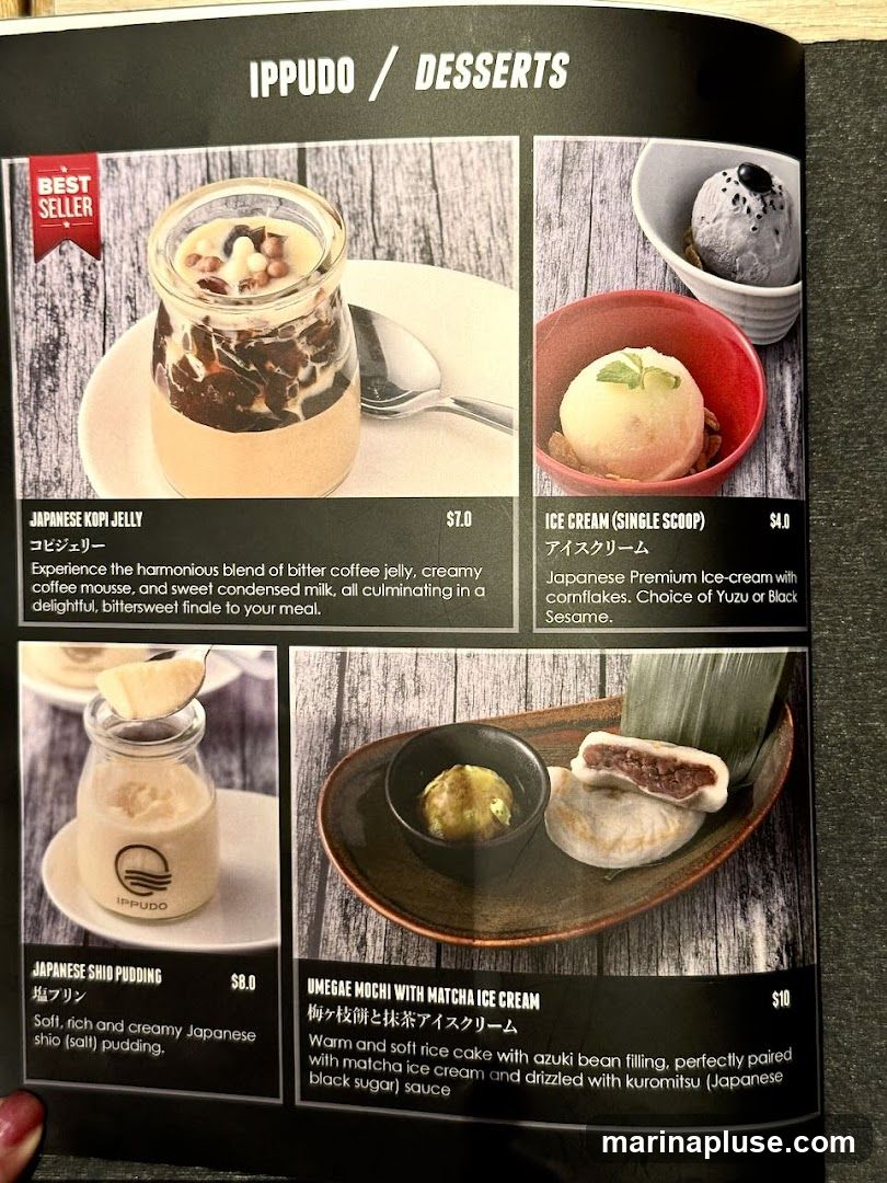 A menu page featuring various desserts from Ippudo.