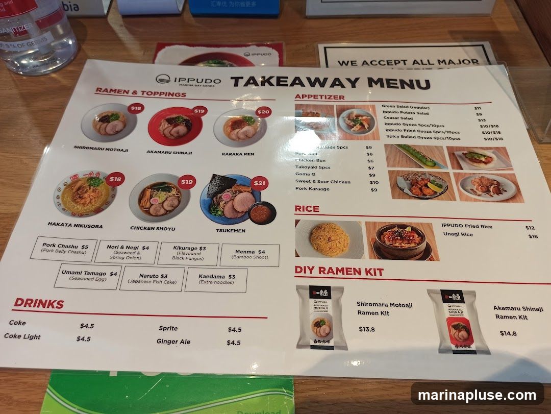 Menu for IPPUDO featuring Ramen & Toppings, Appetizers, Rice, Drinks, and DIY Ramen Kits.