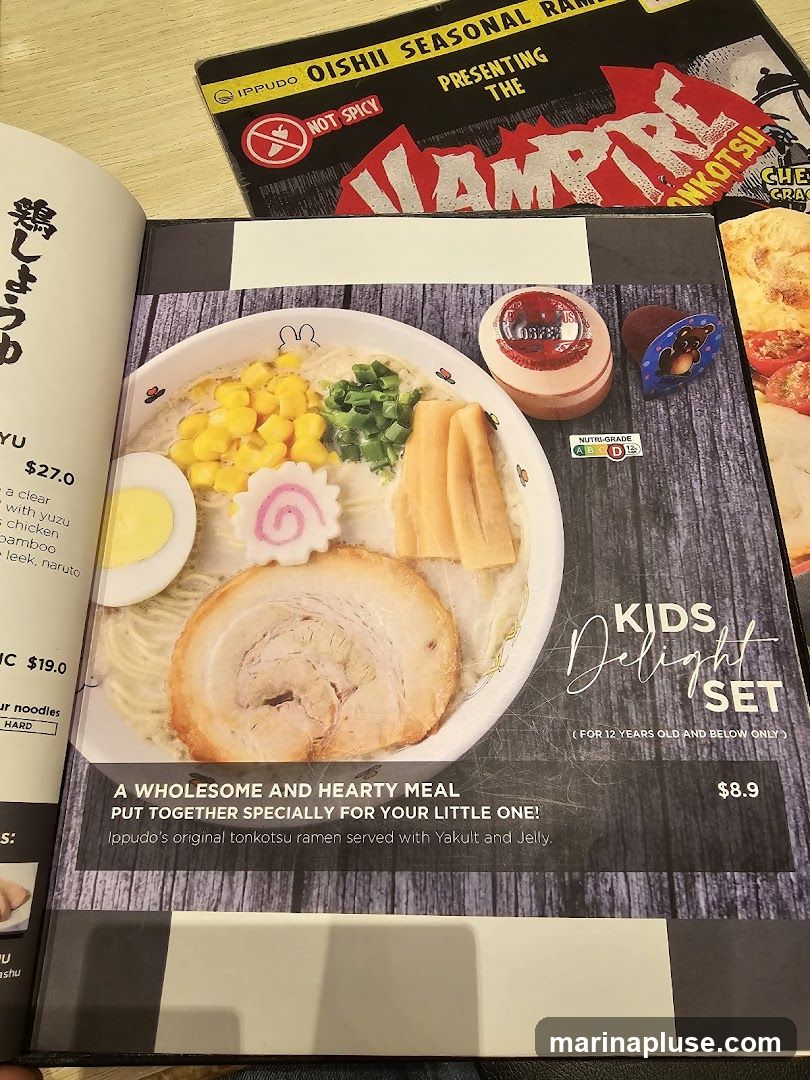 A menu featuring ramen dishes and a kids' meal.