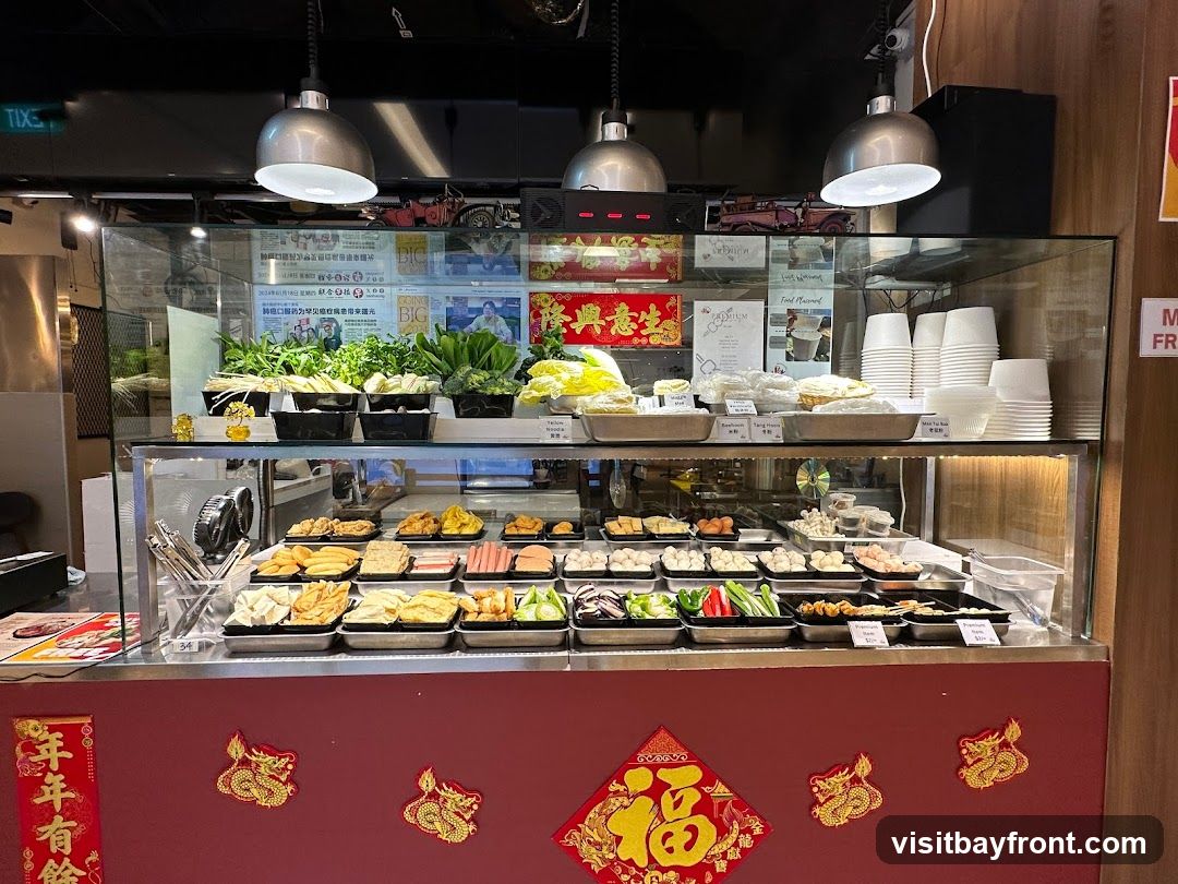 A refrigerated display case filled with various ingredients for hot pot or a similar dish. The top shelf holds fresh vegetables like leafy greens, broccoli, and herbs. Below, numerous trays contain an assortment of prepared items, including tofu, processed meats, meatballs, and seafood. Stacks of white paper cups are visible on the right. The display is decorated with red and gold Chinese New Year ornaments.