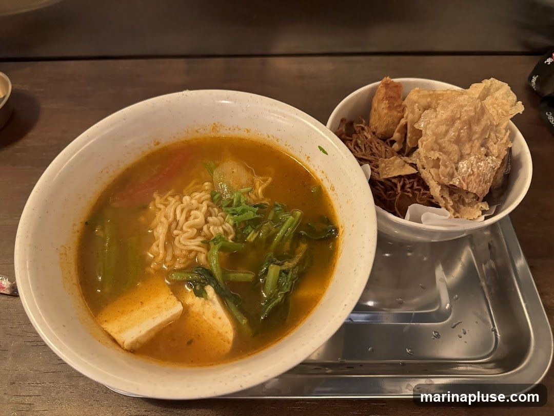 A bowl of noodle soup with tofu and vegetables is served on a metal tray. A separate bowl contains fried snacks, including crispy wonton wrappers and fried noodles.