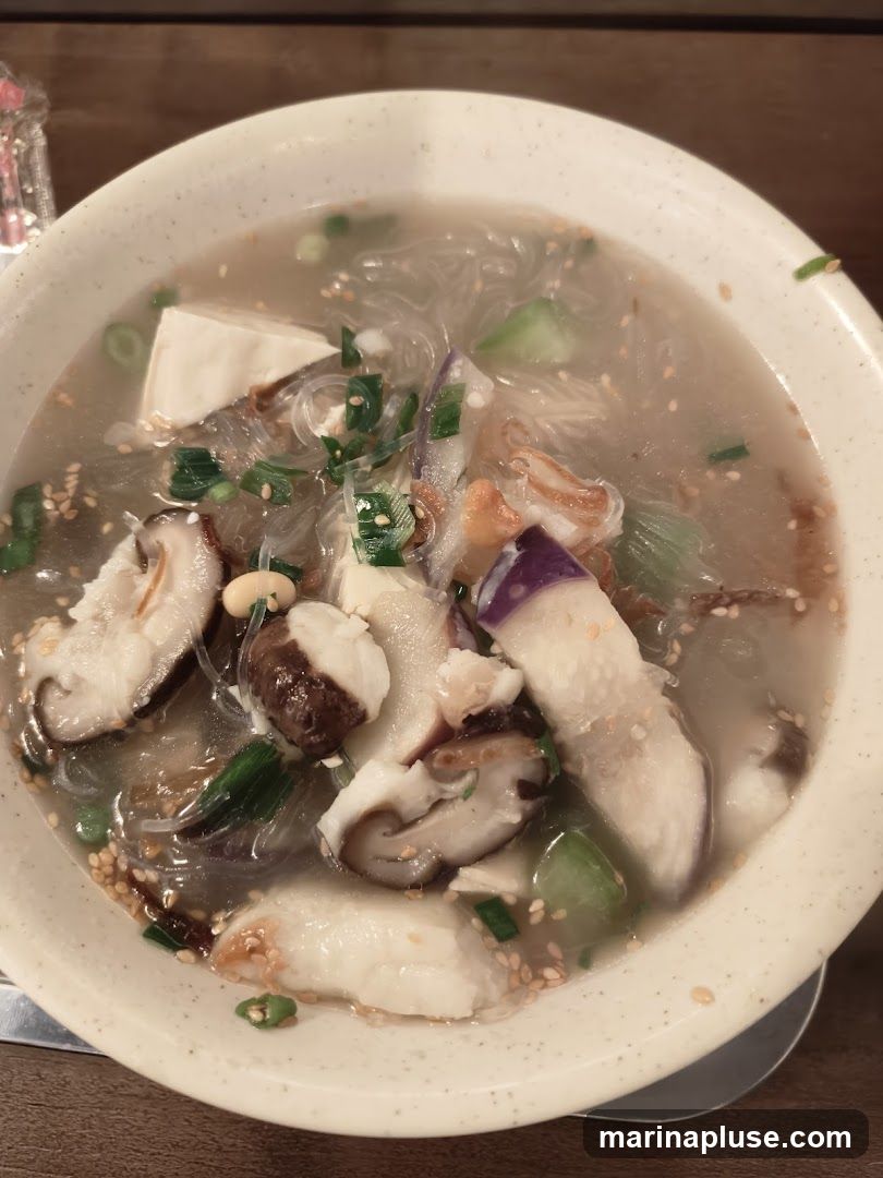 A close-up shot of a bowl of soup filled with thin noodles, cubes of tofu, sliced shiitake mushrooms, pieces of eggplant, and chopped green onions. Sesame seeds are sprinkled throughout the broth.