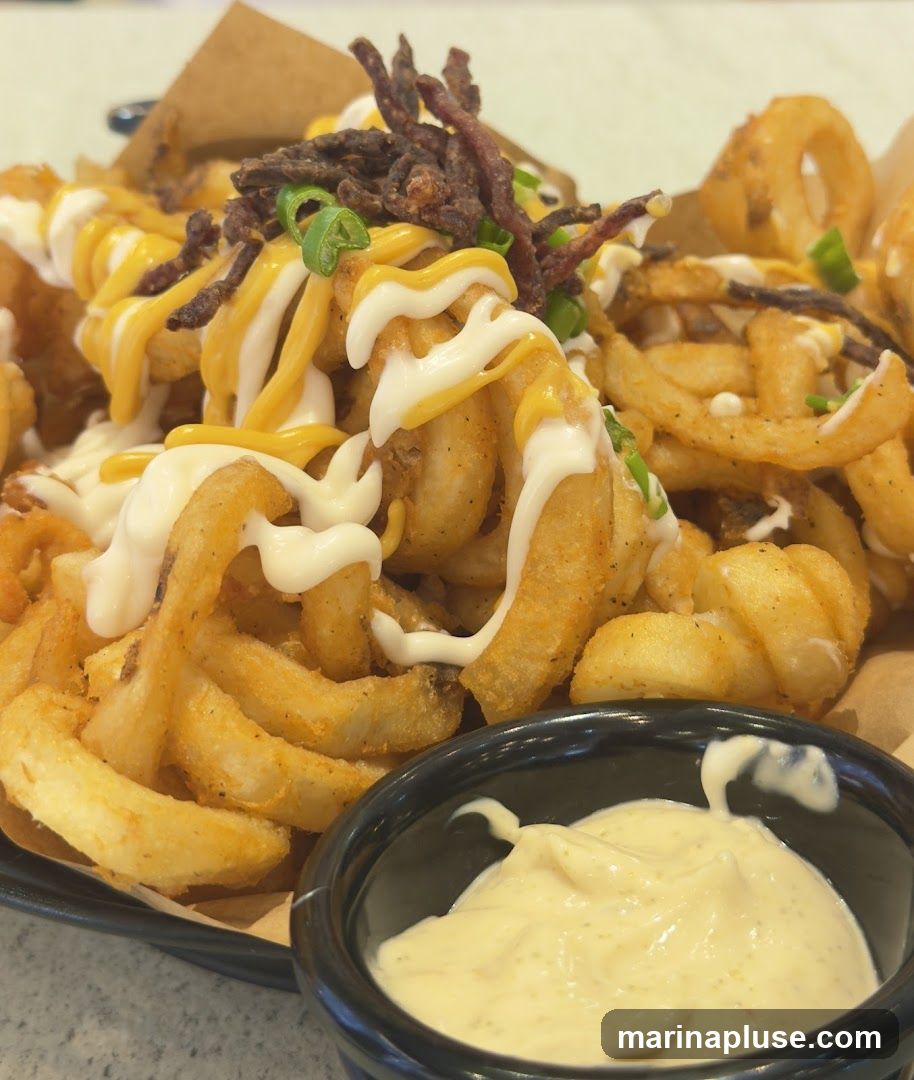 A close-up shot of a serving of curly fries topped with cheese sauce, a creamy white sauce, and what appears to be shredded beef jerky and chopped green onions. A small black bowl filled with a dipping sauce is in the foreground.