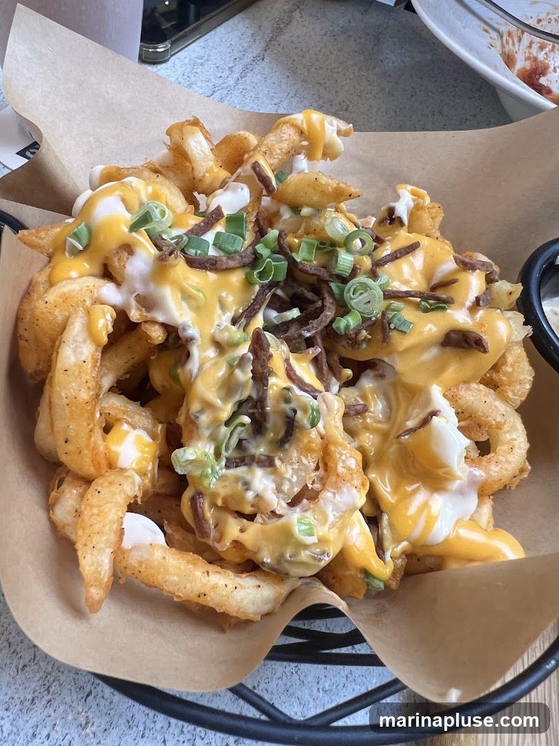 A basket of curly fries topped with melted cheese, a creamy white sauce, and chopped green onions.
