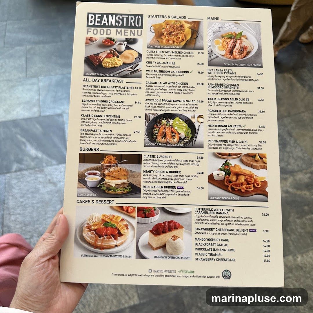 A menu with sections for Starters & Salads, Mains, Burgers, and Cakes & Dessert.