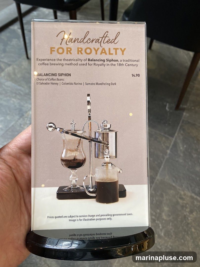 A menu item describing the Balancing Siphon coffee brewing method, highlighting its historical use and offering a choice of coffee beans.