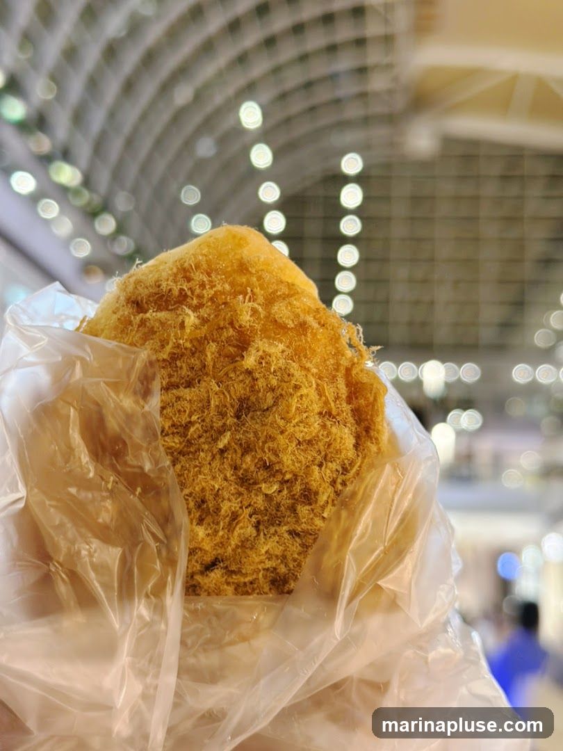 A close-up shot of a fluffy bread roll covered in shredded meat, wrapped in a clear plastic bag. The background is blurred, showing a ceiling with lights and a hint of a shopping mall interior.