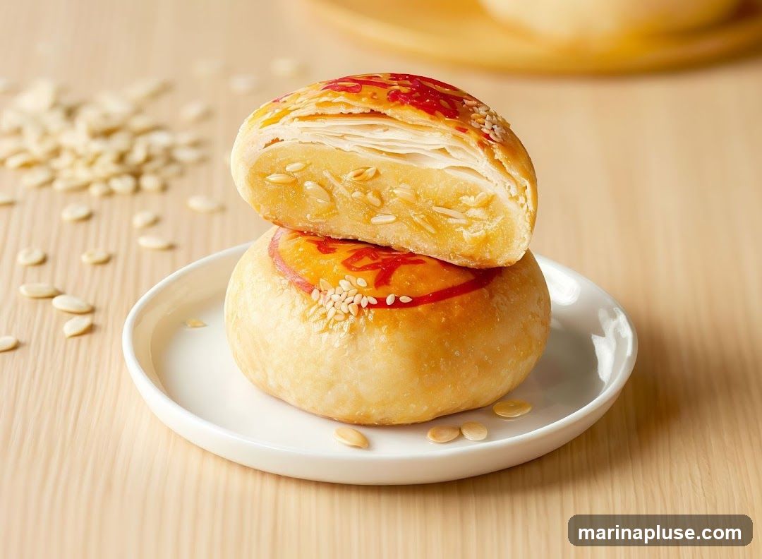 A close-up shot of a flaky pastry, cut in half, stacked on top of a whole pastry. Both pastries are golden brown and topped with a red stamp and sesame seeds. The filling appears to be a light-colored paste with visible seeds. Scattered around the white plate are more seeds, possibly from the pastry or a separate garnish. The background is a light wooden surface.
