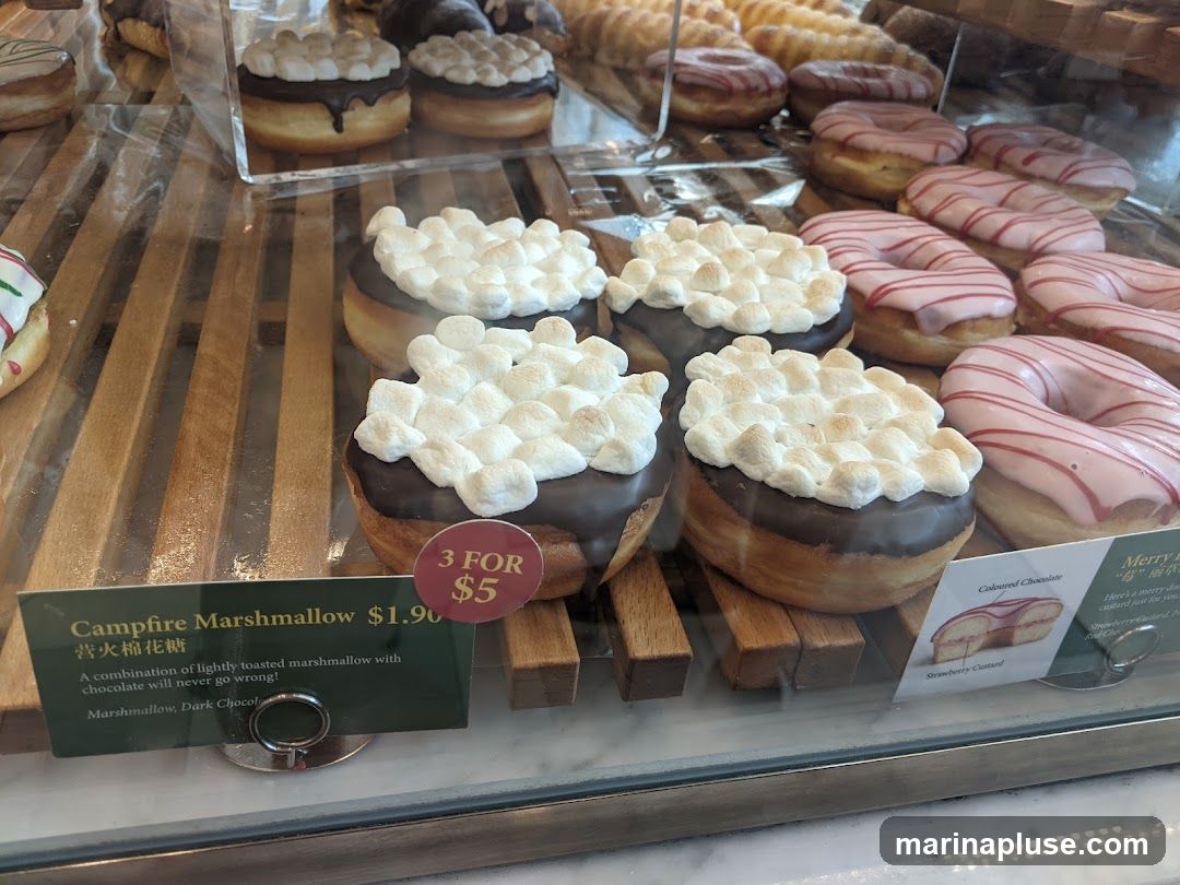 A display case filled with various donuts. In the foreground, several donuts are topped with chocolate and marshmallows. A sign indicates a "Campfire Marshmallow" donut is $1.90 individually or 3 for $5. Another sign shows a cross-section of a donut labeled "Coloured Chocolate Strawberry Custard". In the background, more donuts with pink icing and red stripes are visible.