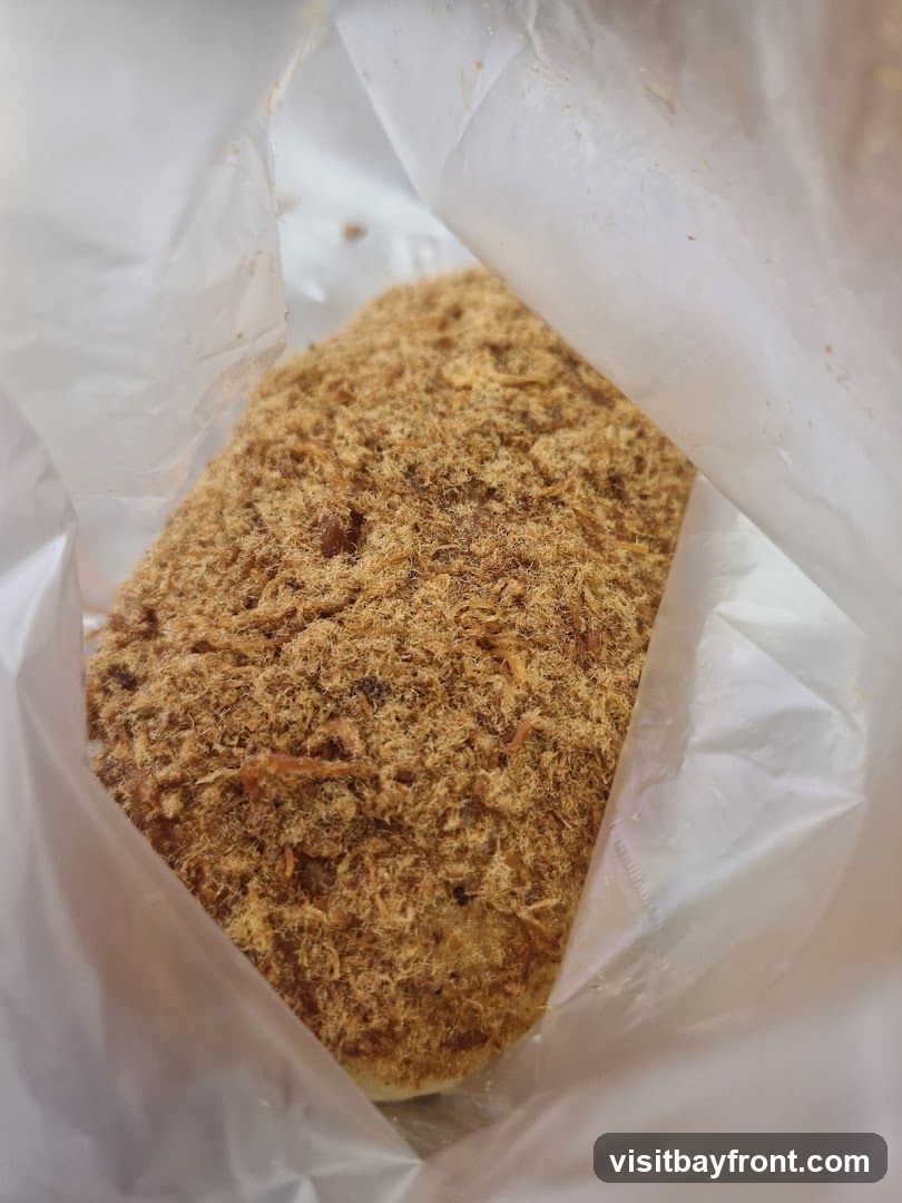 A close-up shot of a bread roll covered in shredded pork floss, partially wrapped in a white plastic bag.