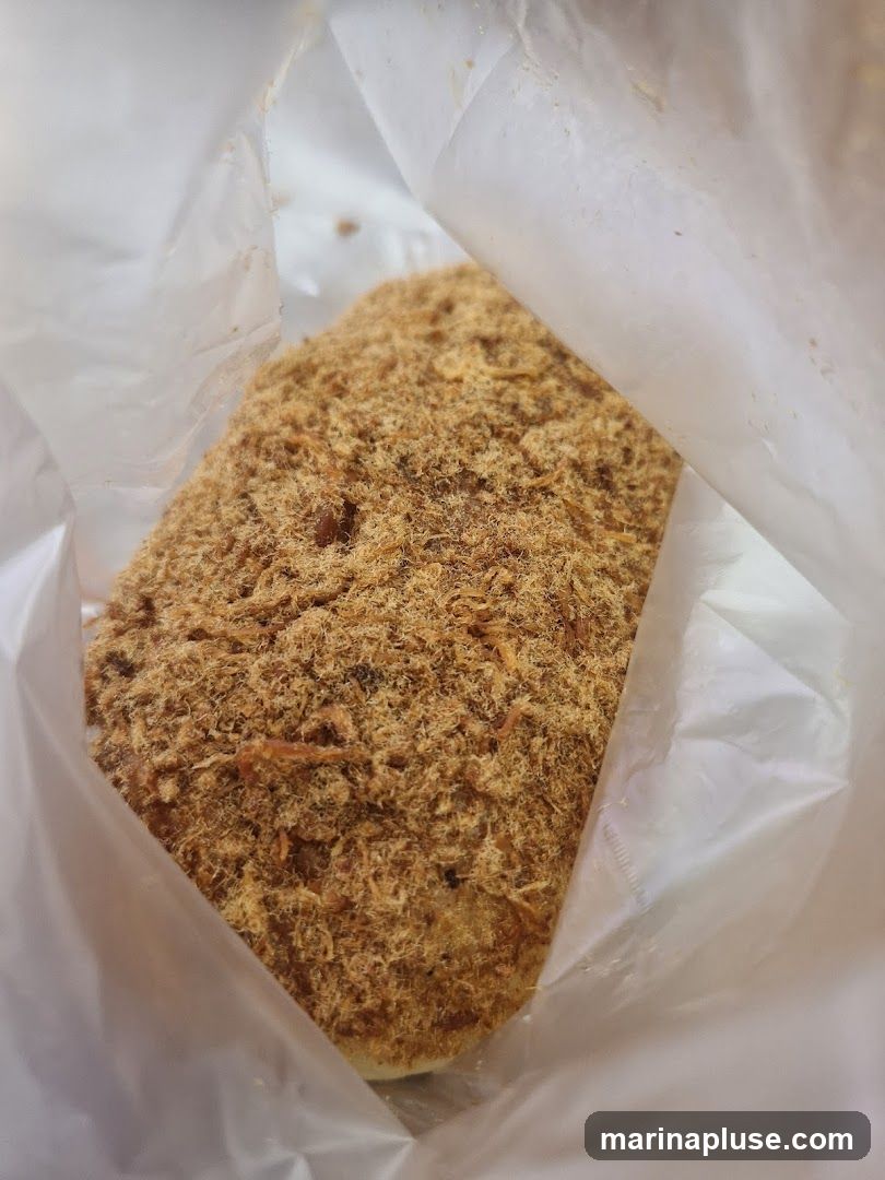 A close-up shot of a bread roll covered in shredded pork floss, partially wrapped in a white plastic bag.