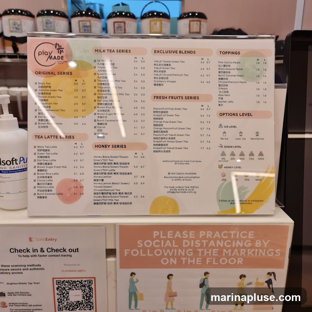 A menu for Playmade featuring Milk Tea Series, Exclusive Blends, Fresh Fruits Series, Honey Series, Original Series, and Tea Latte Series. It also includes toppings and options for ice, sugar, and honey levels.