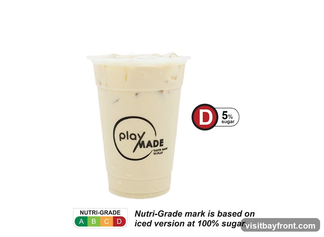 A plastic cup filled with a creamy, light-colored beverage with ice. The cup has a black and white logo that says "play MADE" with the tagline "TASTE MADE TO PLAY" below it. To the right of the cup is a red circle with a white "D" inside, next to text that reads "5% sugar". Below the cup, there is a "NUTRI-GRADE" label showing a spectrum from green "A" to red "D", with text explaining that the Nutri-Grade mark is based on the iced version at 100% sugar.
