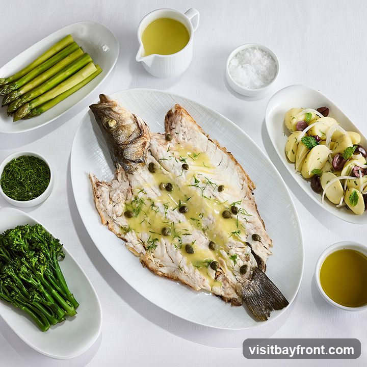 A whole roasted fish, likely sea bass, is presented on a large oval platter, topped with a light sauce, capers, and fresh dill. Accompanying the fish are several side dishes: a platter of steamed asparagus, a bowl of chopped dill, a serving of broccolini, a potato salad with olives and onions, a small pitcher of vinaigrette, a bowl of coarse salt, and a small bowl of olive oil. The meal is arranged on a white tablecloth.