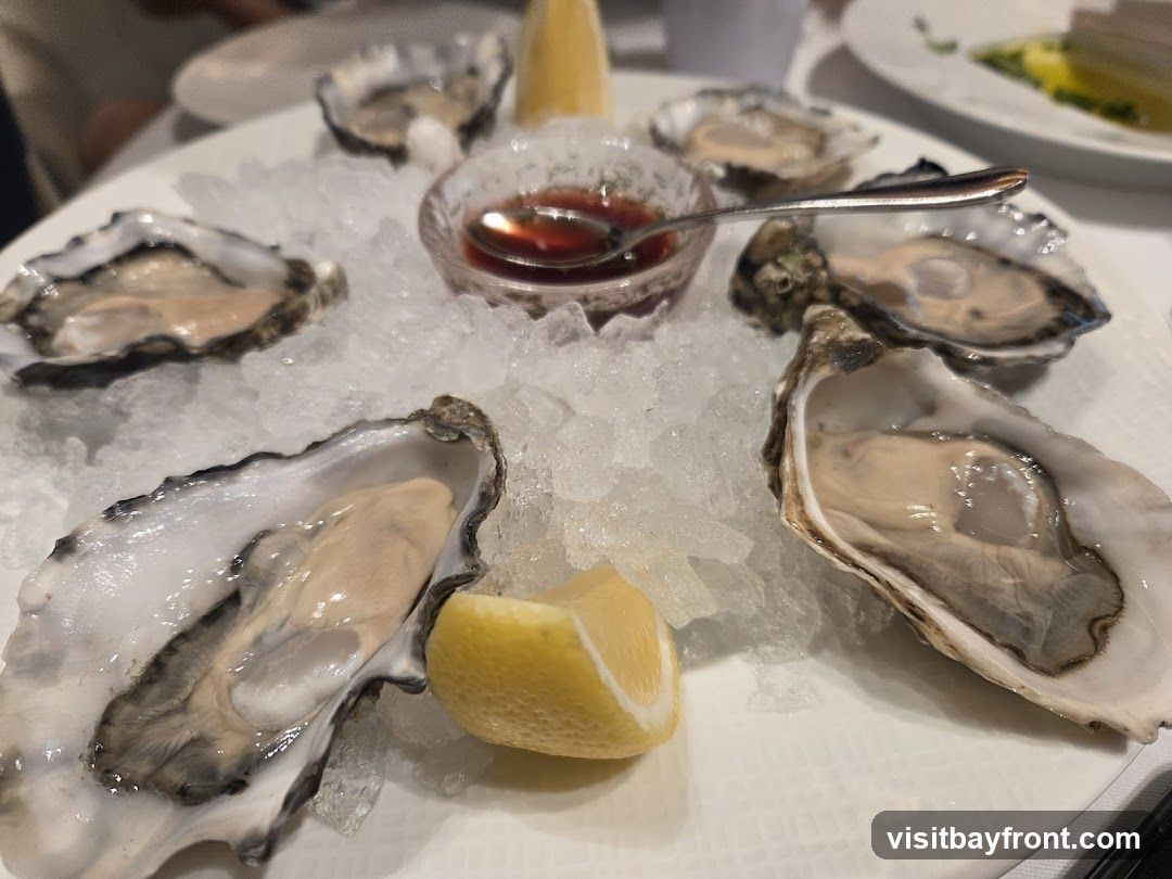 A plate of fresh oysters served on a bed of crushed ice, garnished with lemon wedges and a small bowl of dipping sauce. A spoon rests in the sauce.