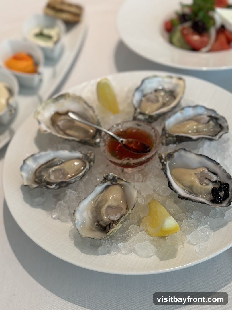 A plate of fresh oysters served on a bed of crushed ice, garnished with lemon wedges and a small bowl of dipping sauce. In the background, a salad and other small dishes are visible.