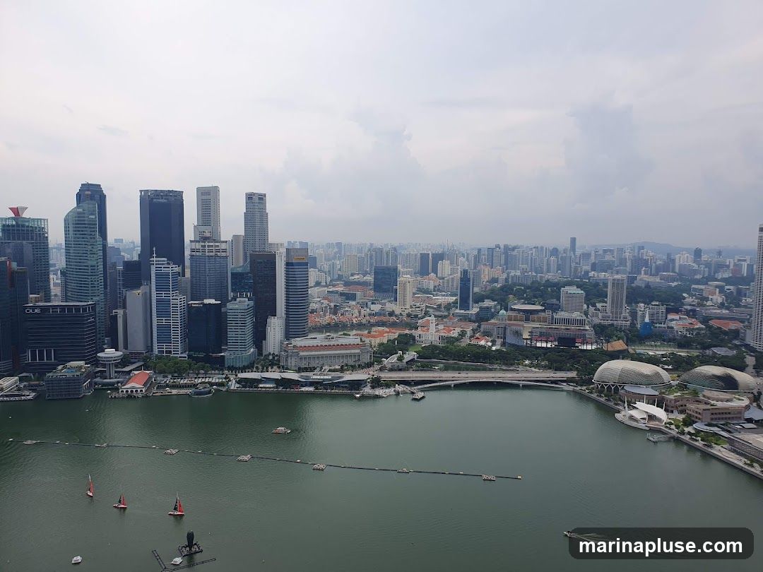 An aerial view of a sprawling cityscape with numerous skyscrapers and a large body of water in the foreground. Several boats, including sailboats, are visible on the water. The sky is overcast with clouds.