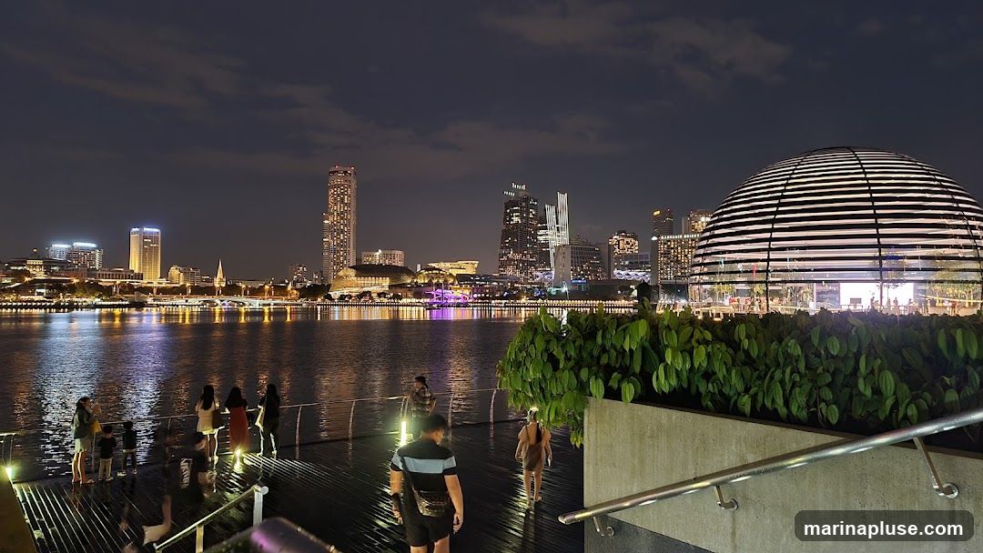 A nighttime scene shows a large, domed building with a striped facade, illuminated from within. The building is situated by a body of water, reflecting the lights of a distant city skyline. Several people are visible on a walkway in the foreground, some looking out at the water and the city. Lush green foliage borders the walkway and the domed structure.