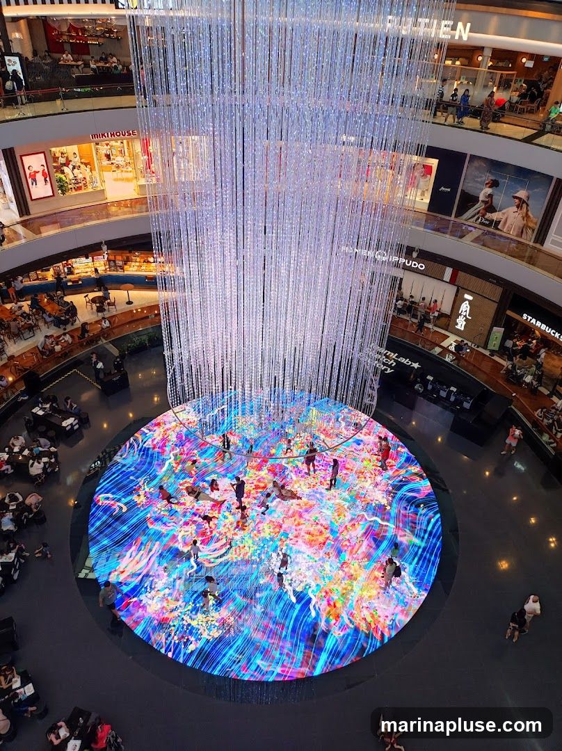 An overhead view of a large, circular digital art installation in the center of a multi-level shopping mall. The installation features vibrant, swirling colors and patterns, with several people interacting with it. Above the installation, a cascade of shimmering, light-emitting strands hangs from the ceiling. Surrounding the central area are various shops and dining establishments on different levels, with shoppers visible moving around. Signs for businesses like "MIKI HOUSE", "PUTIEN", "IPPUDO", "DIOR", and "STARBUCKS" are visible on the storefronts.