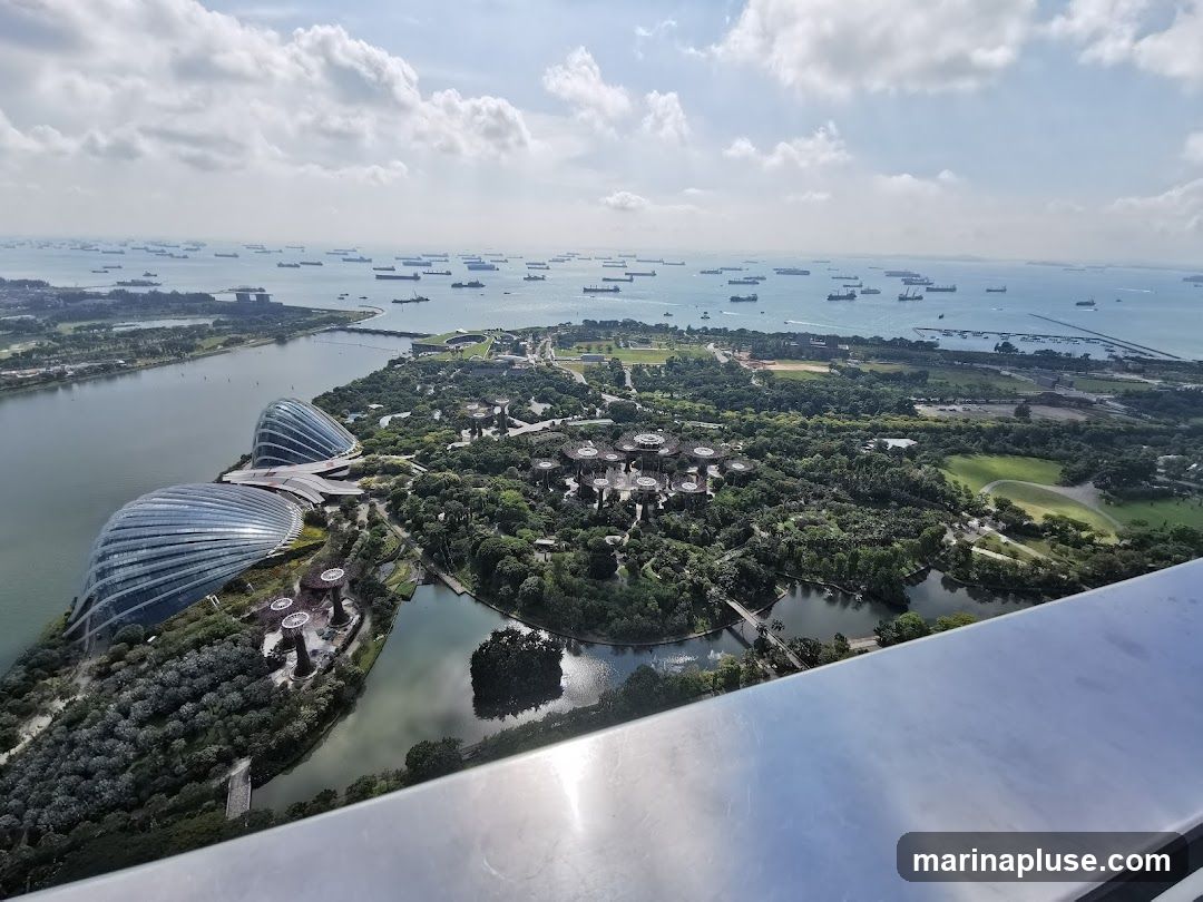 An elevated perspective captures the iconic domes of Gardens by the Bay, with their distinctive curved glass structures, nestled amidst lush greenery. The Singapore Strait stretches out in the background, dotted with numerous cargo ships. The foreground features a reflective metallic railing, suggesting the vantage point is from a high-rise building or observation deck.