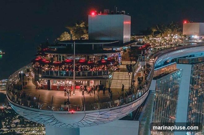 An aerial view of a bustling rooftop bar at night, with many patrons seated under red umbrellas. The bar is situated on a curved structure extending from a tall building, offering panoramic city views. Lights illuminate the area, and people are seen walking on stairs and along the deck.