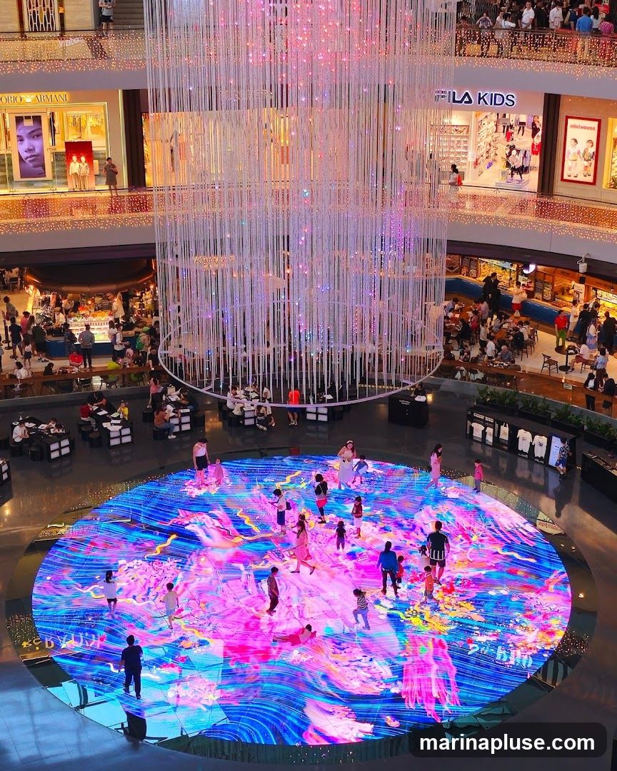 A vibrant, circular digital art installation on the floor of a multi-level shopping mall. The installation displays dynamic, colorful patterns of pink, blue, and purple, resembling swirling water or abstract art. Several children and adults are interacting with the display, walking on it and observing the visuals. Above the installation, a large, elaborate chandelier-like structure made of numerous white strings with small lights hangs from the ceiling. The surrounding levels of the mall are visible, with shops like Armani and Fila Kids, as well as food stalls and seating areas where people are dining and shopping.